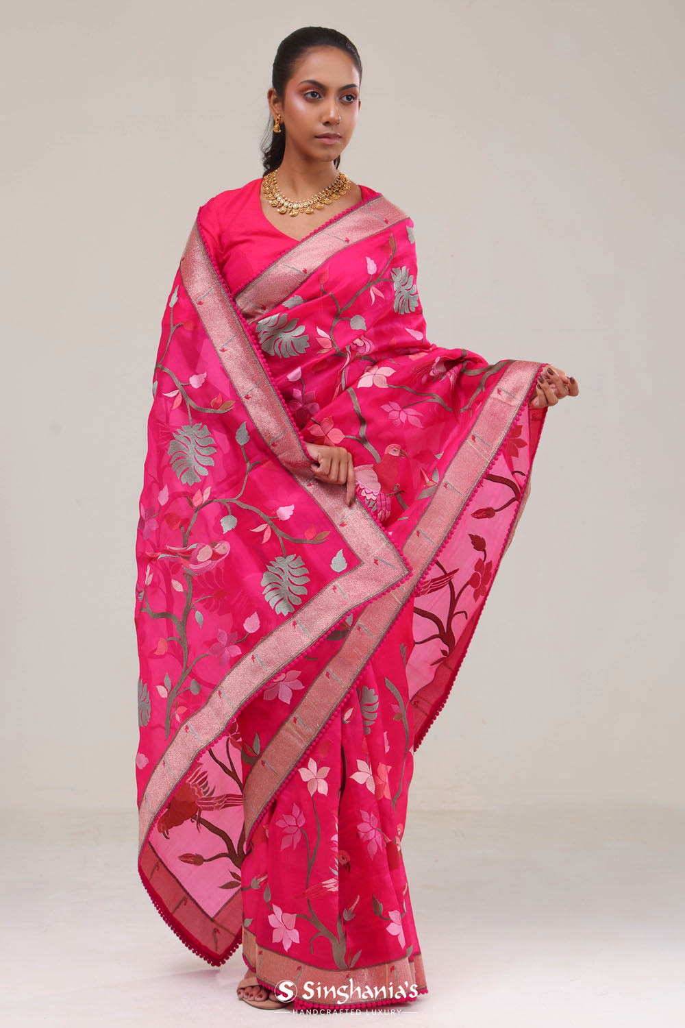 Ruby Pink Crafted Organza Saree