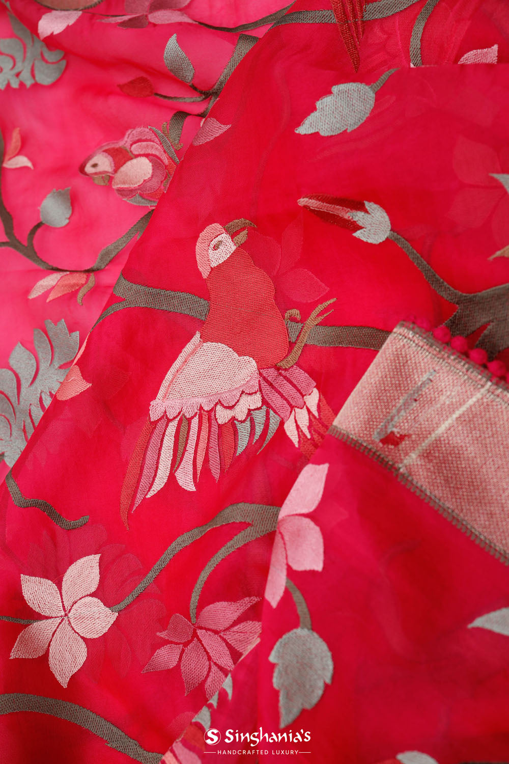 Ruby Pink Crafted Organza Saree