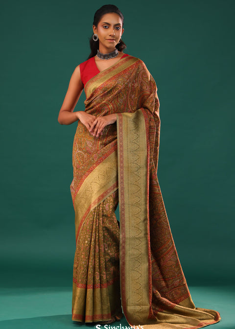 <img> Kani Kashmiri Silk Saree - Mehendi Green