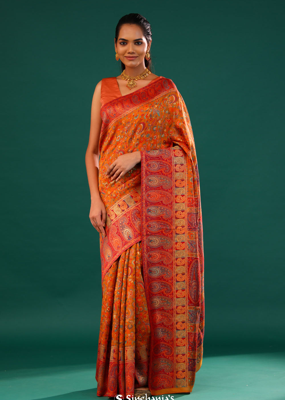 Kani Kashmiri Silk Saree - Pumpkin Orange