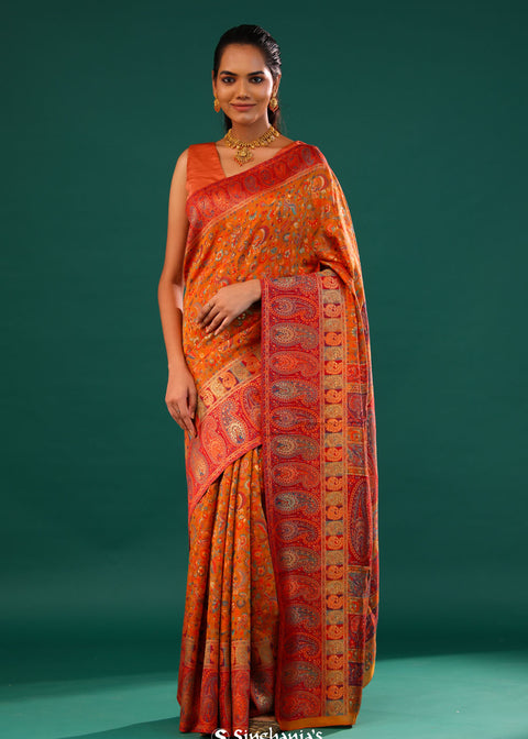 <img> Kani Kashmiri Silk Saree - Pumpkin Orange