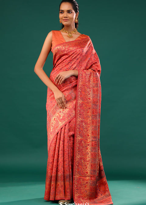<img> Kani Kashmiri Silk Saree - Gerogia Peach
