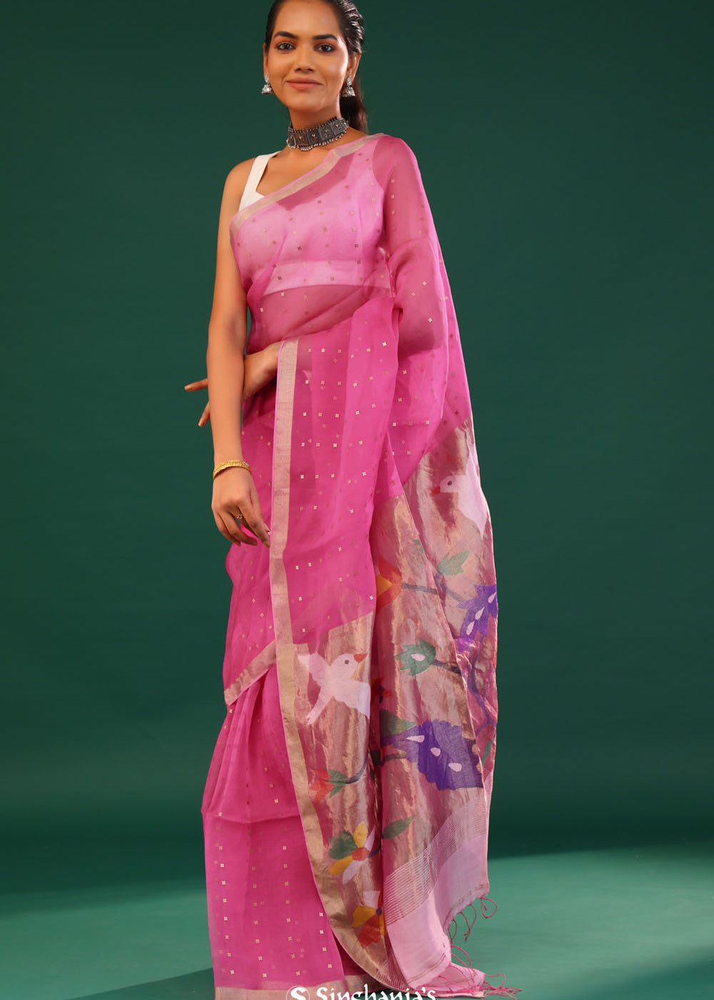 Blush Pink Bailu Organza Saree With Zari Border