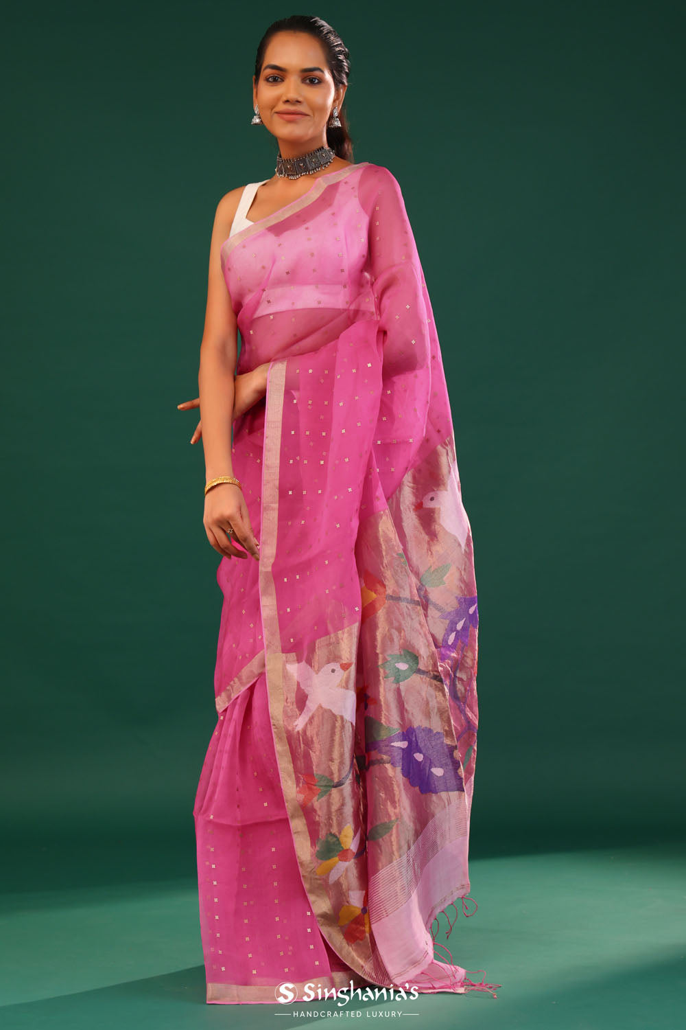 Blush Pink Bailu Organza Saree With Zari Border