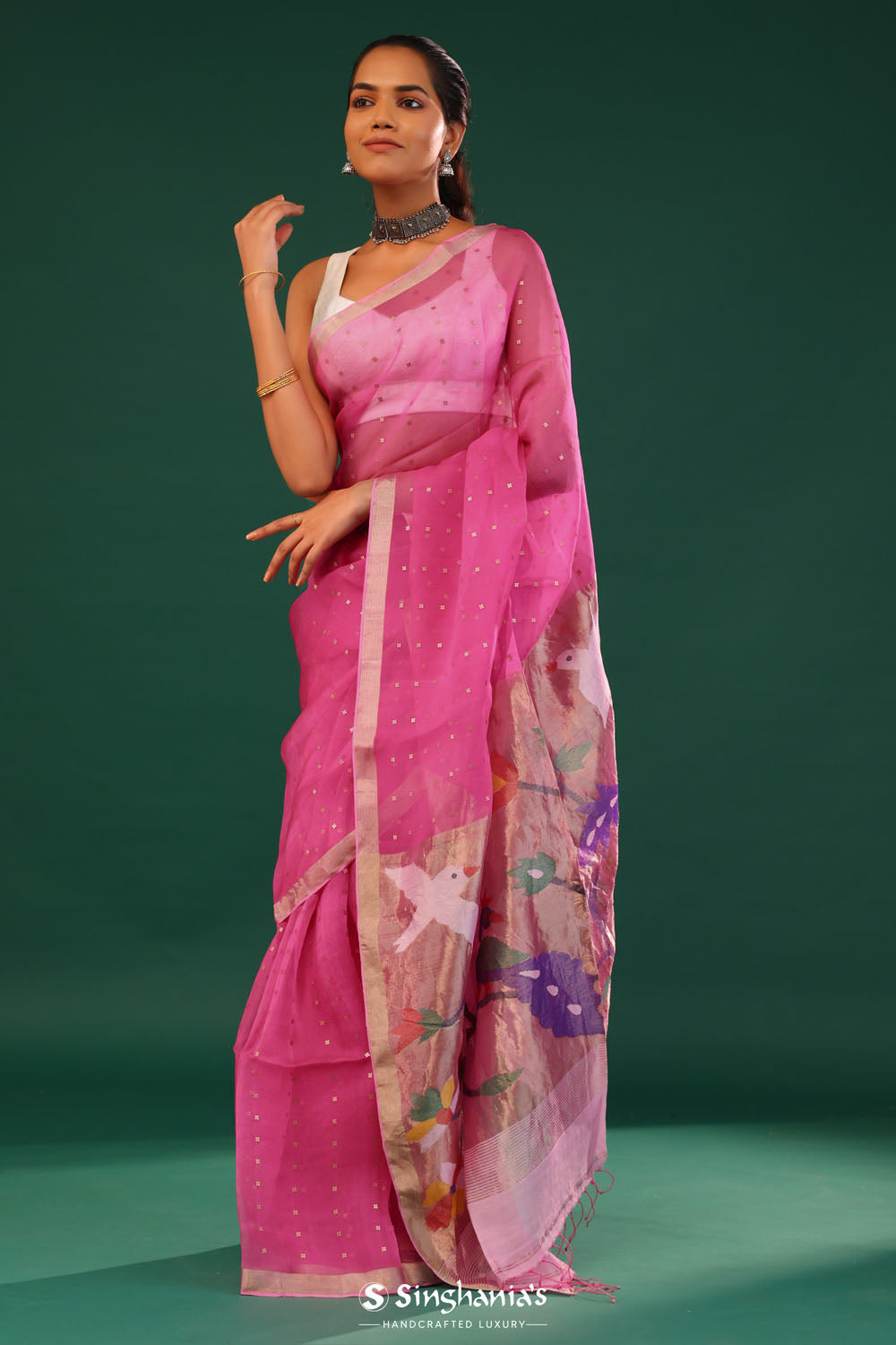 Blush Pink Bailu Organza Saree With Zari Border
