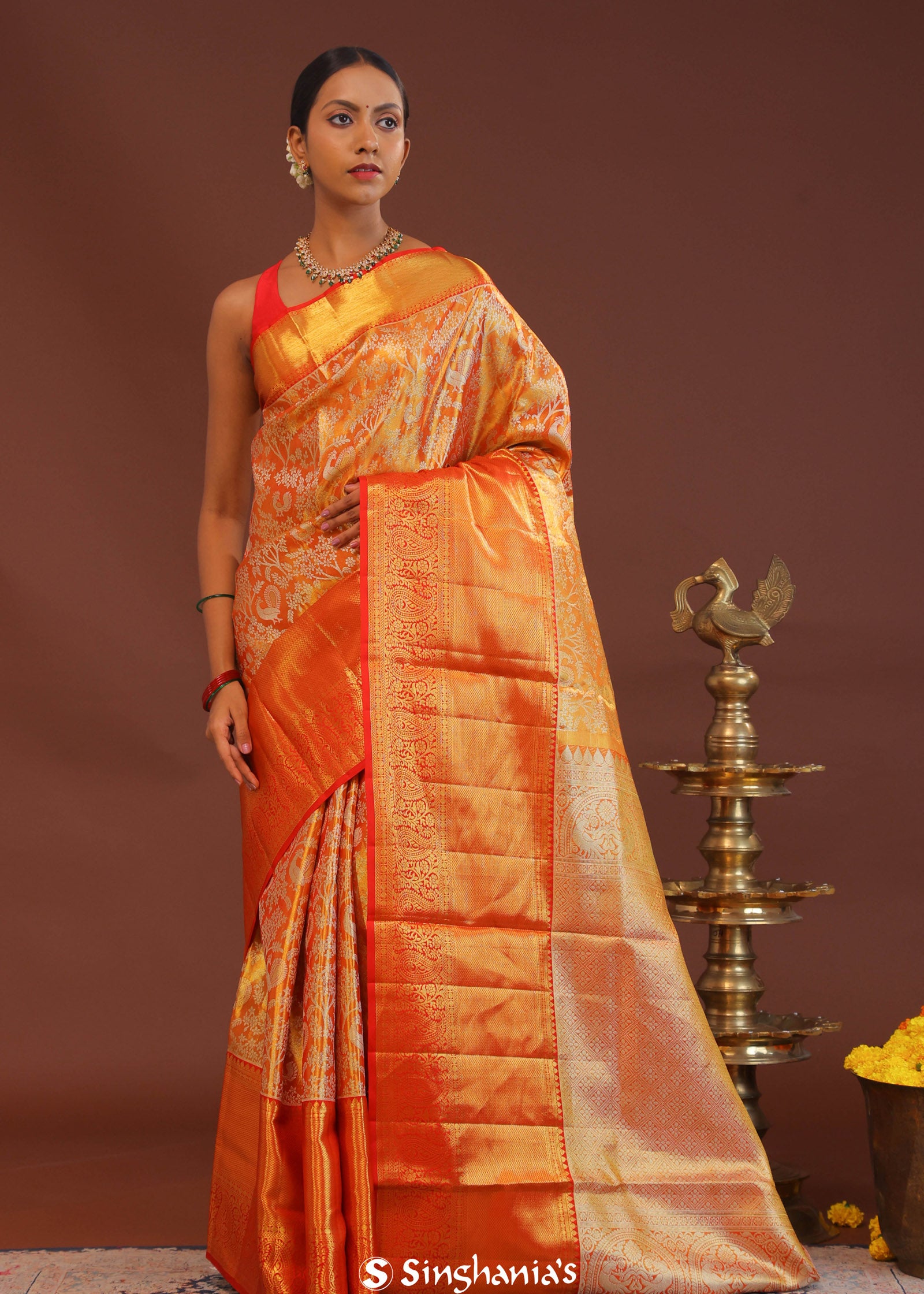 Orange Kanjivaram Saree With Gold Zari Border