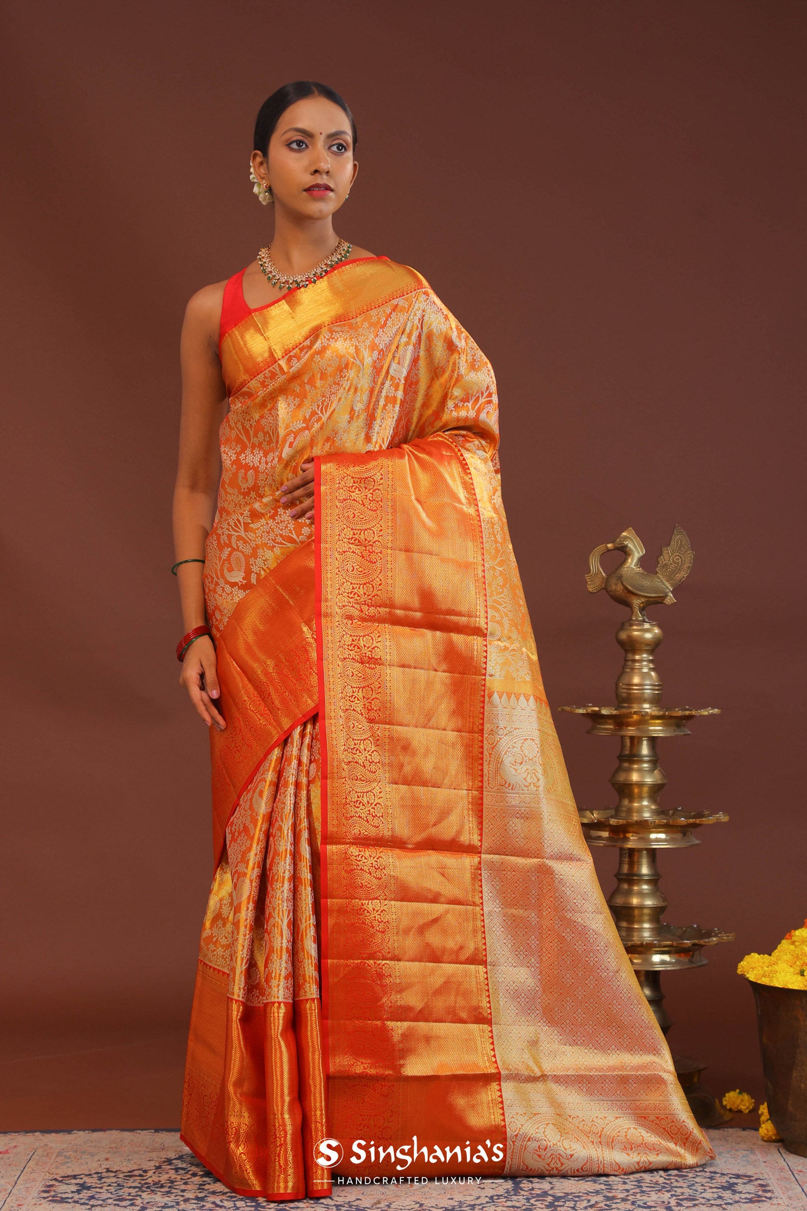 Orange Kanjivaram Saree With Gold Zari Border