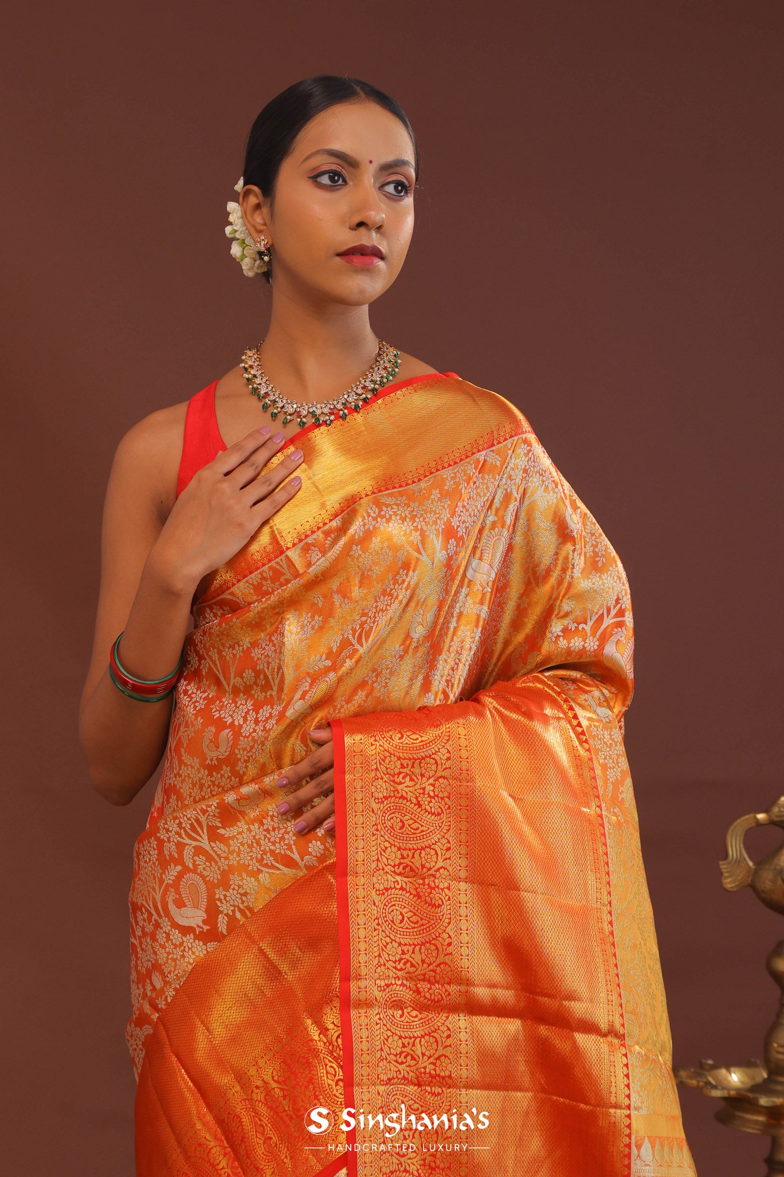 Orange Kanjivaram Saree With Gold Zari Border