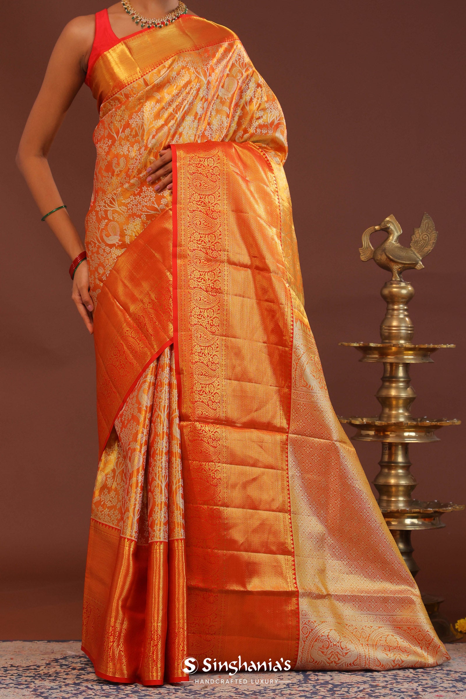 Orange Kanjivaram Saree With Gold Zari Border
