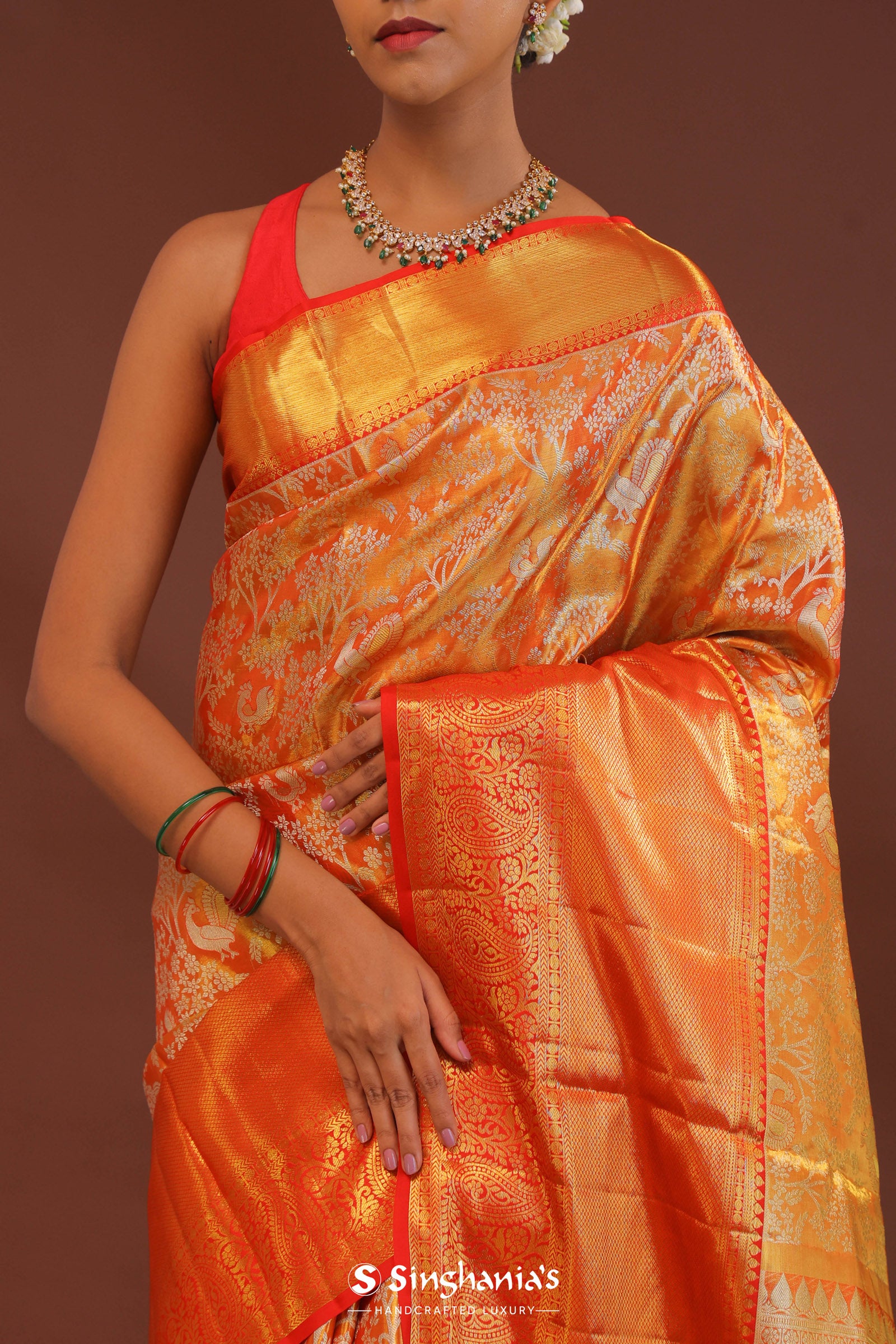 Orange Kanjivaram Saree With Gold Zari Border