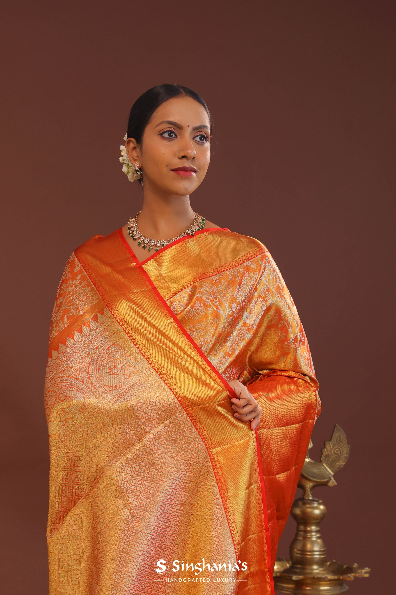 Orange Kanjivaram Saree With Gold Zari Border