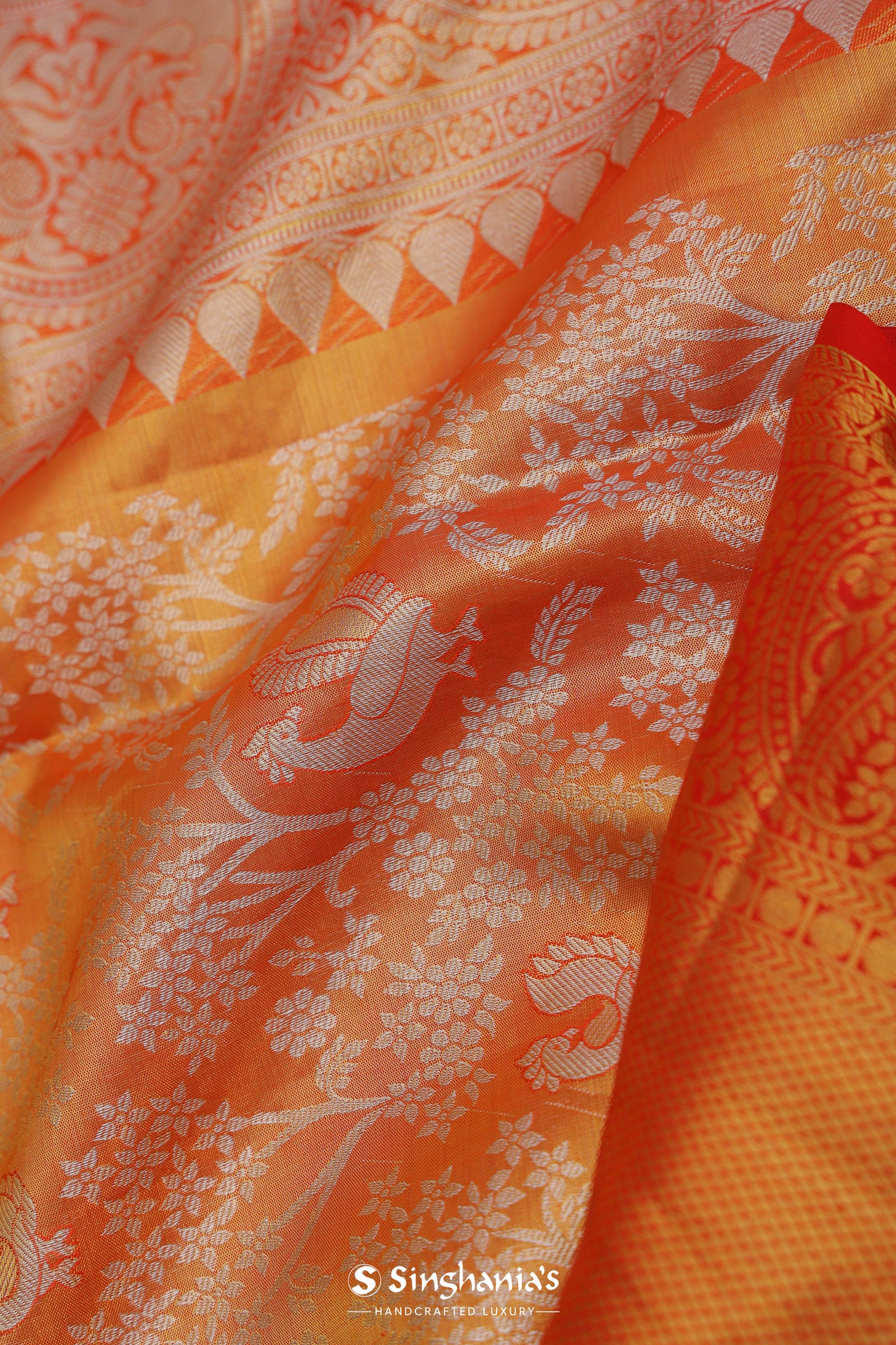 Orange Kanjivaram Saree With Gold Zari Border