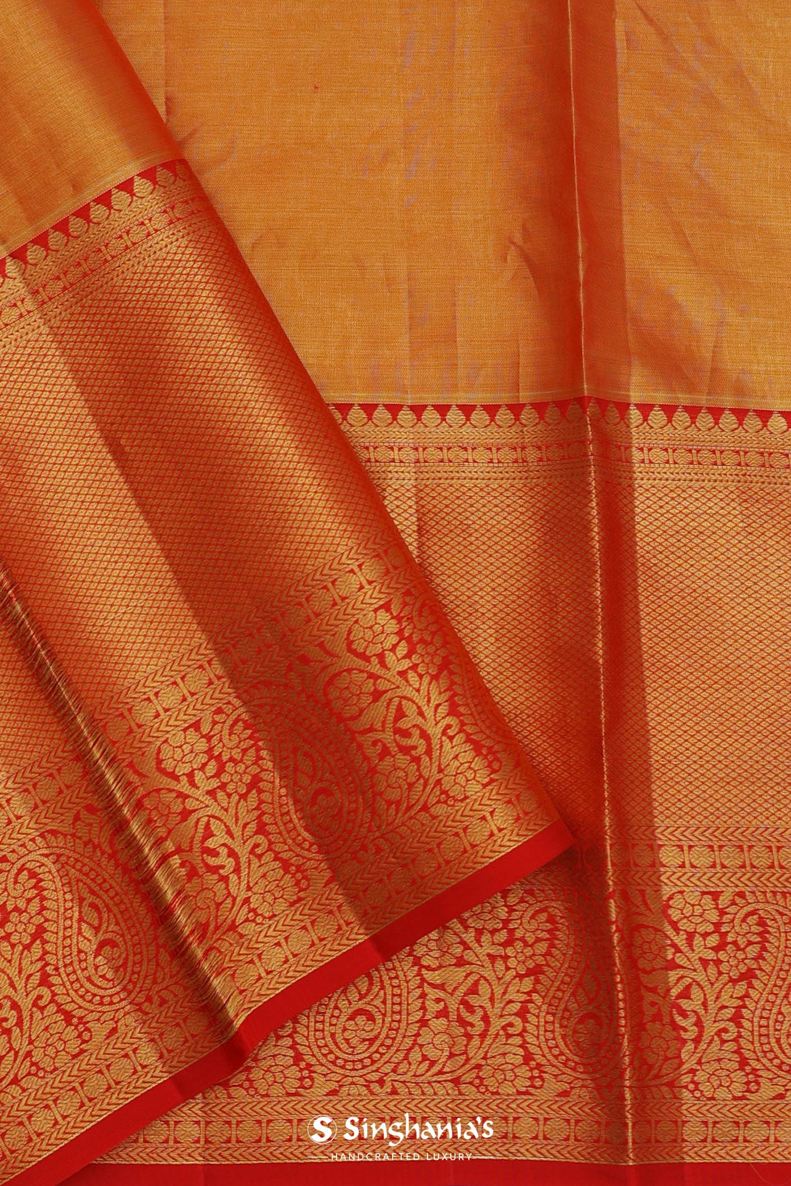 Orange Kanjivaram Saree With Gold Zari Border