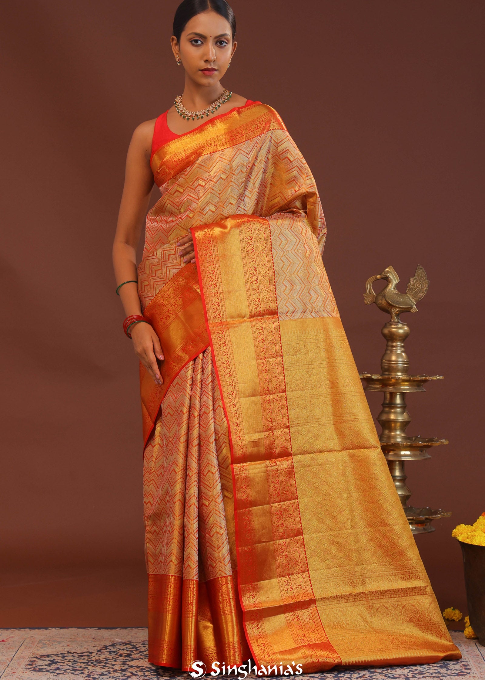 Orange Kanjivaram Saree With Abstract Design