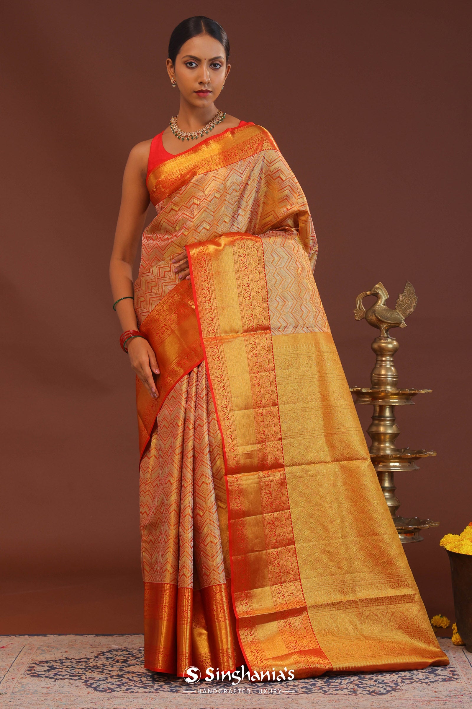 Orange Kanjivaram Saree With Abstract Design