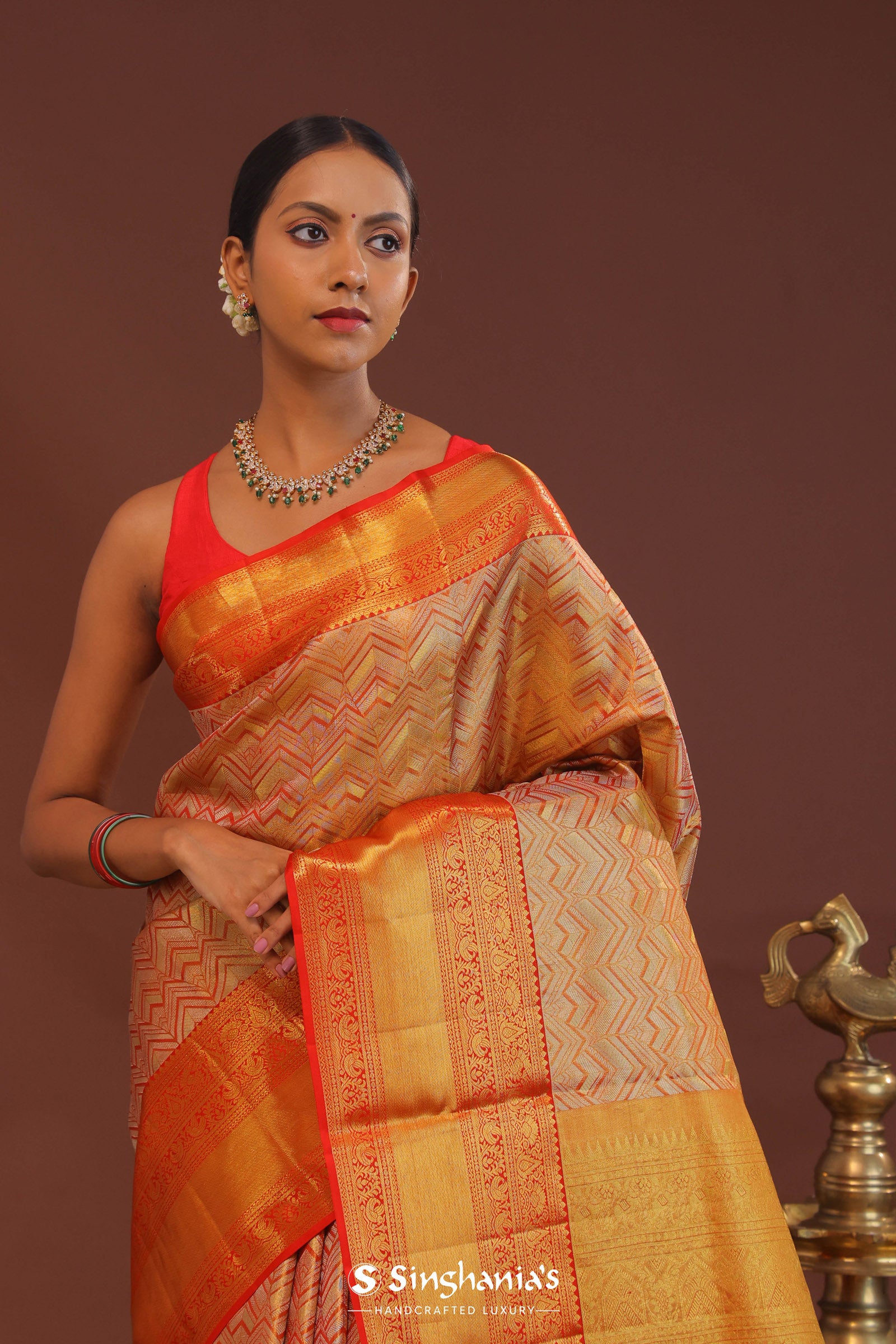 Orange Kanjivaram Saree With Abstract Design