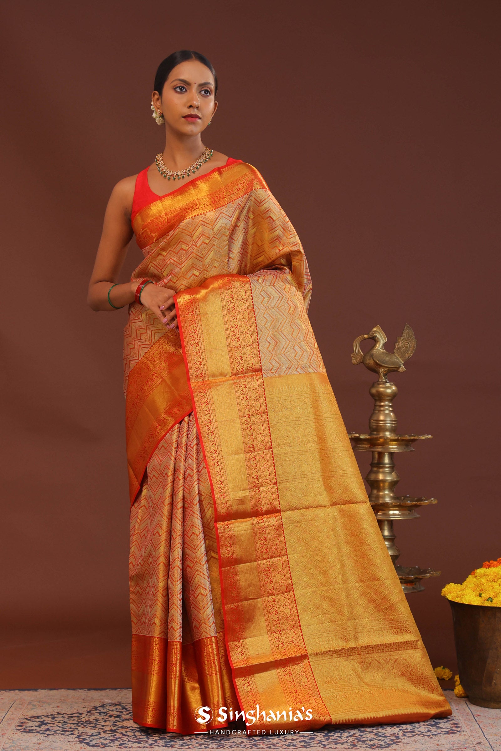 Orange Kanjivaram Saree With Abstract Design