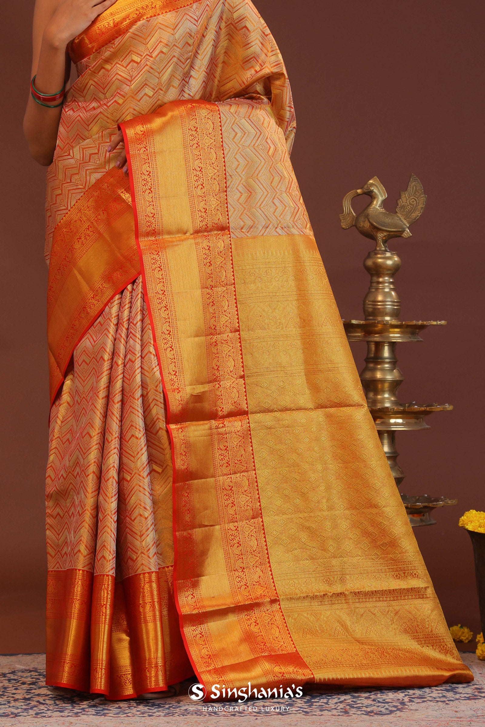 Orange Kanjivaram Saree With Abstract Design