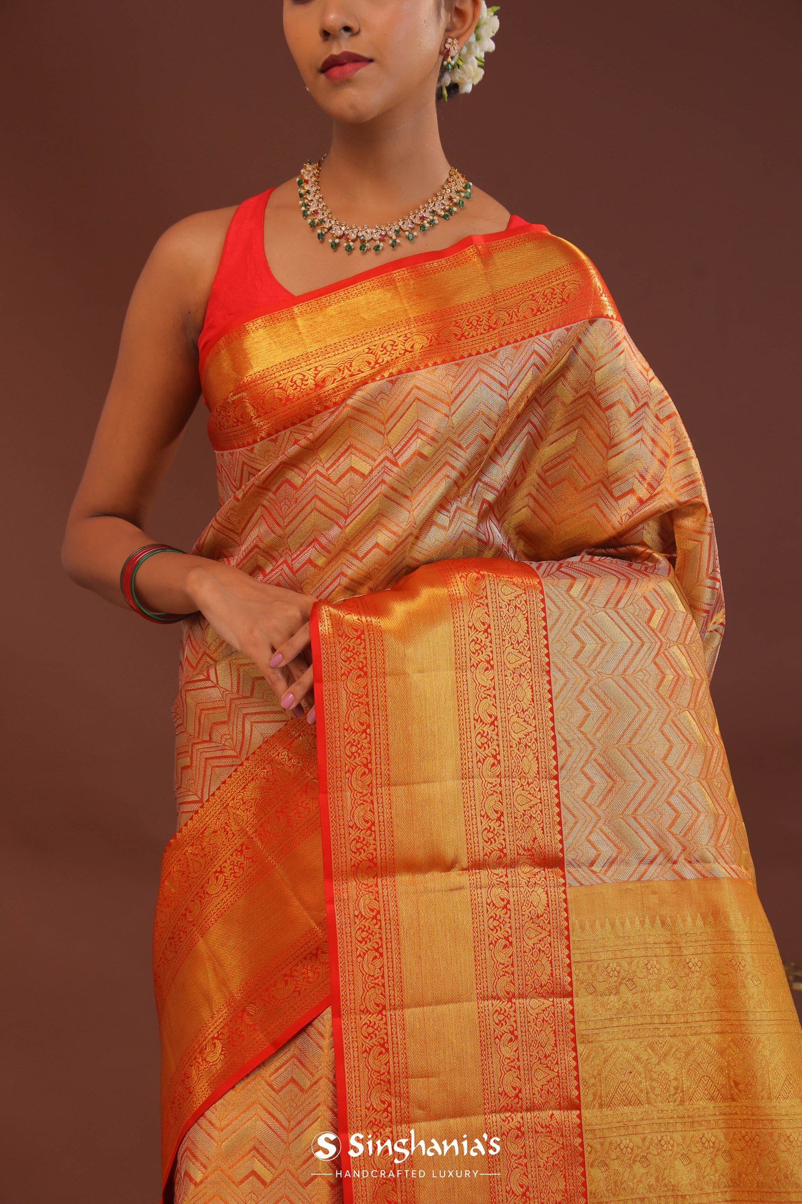 Orange Kanjivaram Saree With Abstract Design
