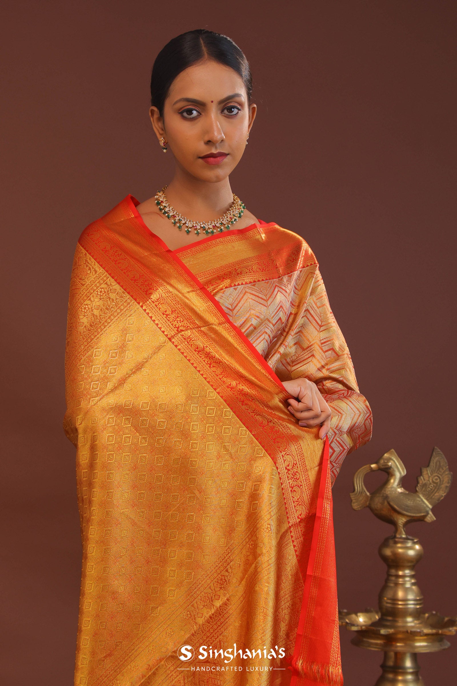 Orange Kanjivaram Saree With Abstract Design
