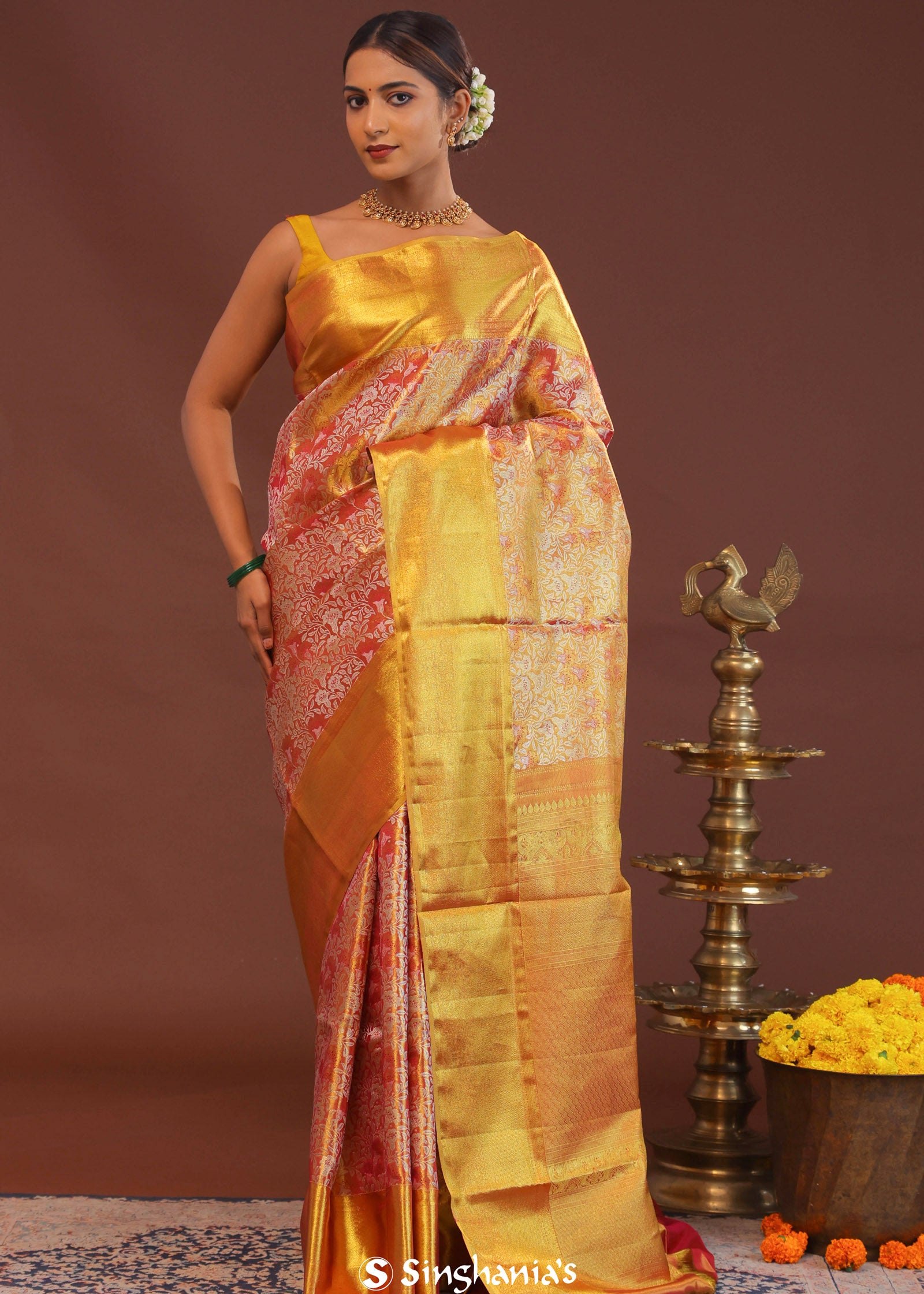 Orange Kanjivaram Saree With Contrast Yellow Border
