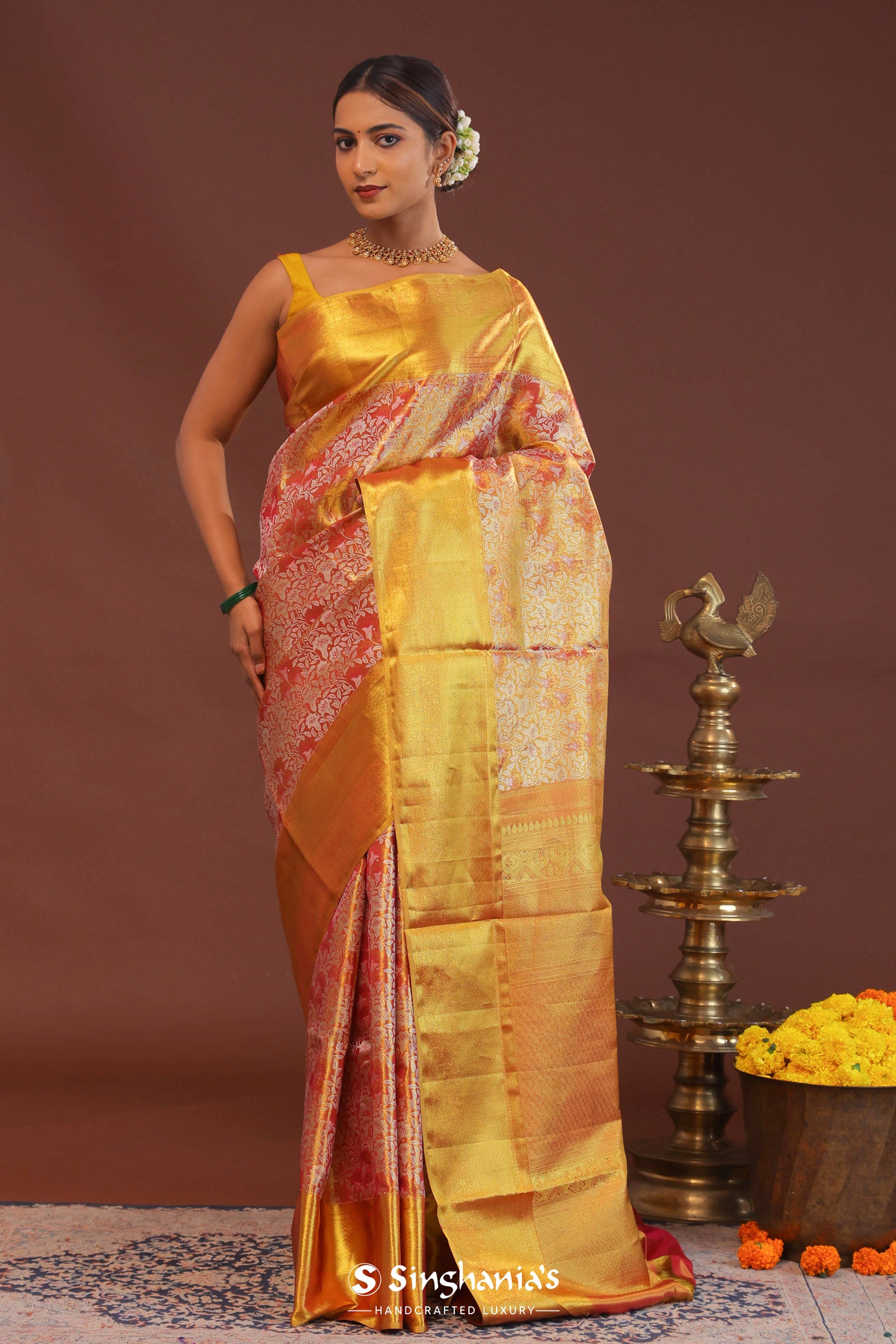 Orange Kanjivaram Saree With Contrast Yellow Border