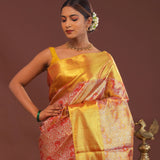 Orange Kanjivaram Saree With Contrast Yellow Border
