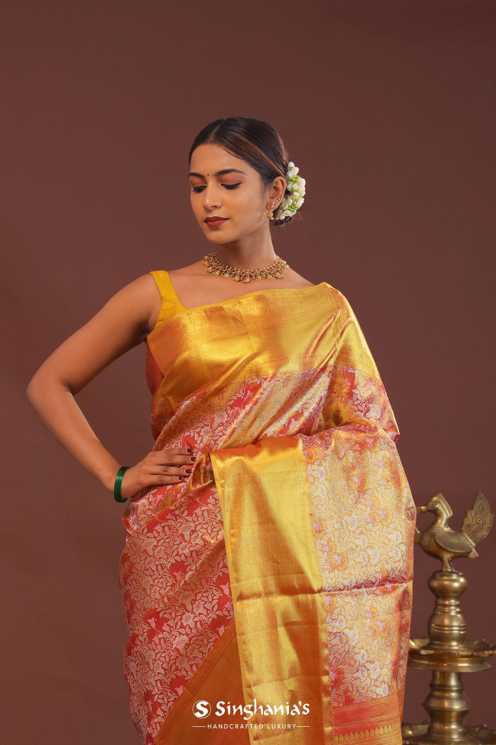 Orange Kanjivaram Saree With Contrast Yellow Border