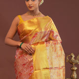 Orange Kanjivaram Saree With Contrast Yellow Border