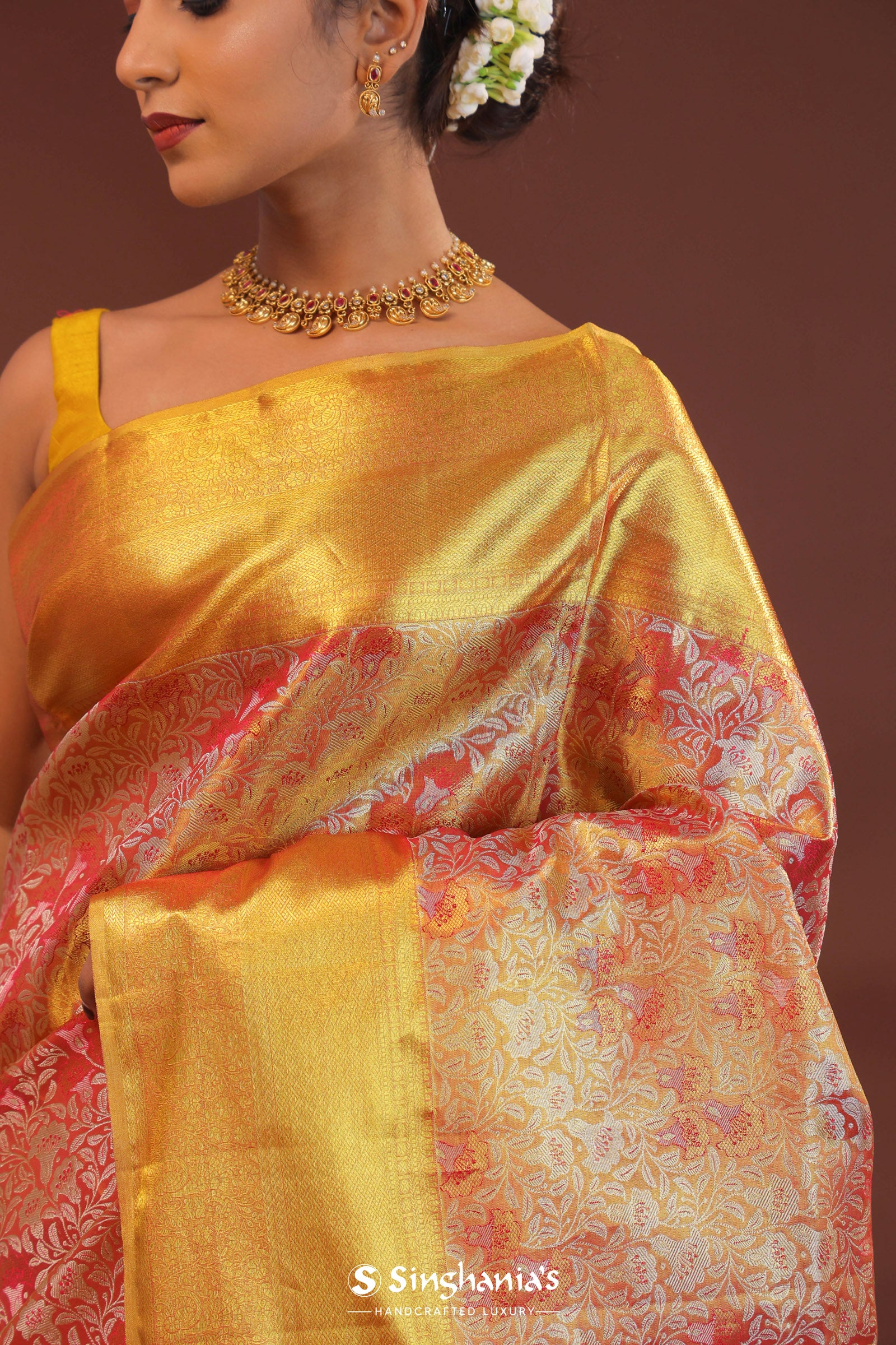 Orange Kanjivaram Saree With Contrast Yellow Border