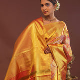 Orange Kanjivaram Saree With Contrast Yellow Border