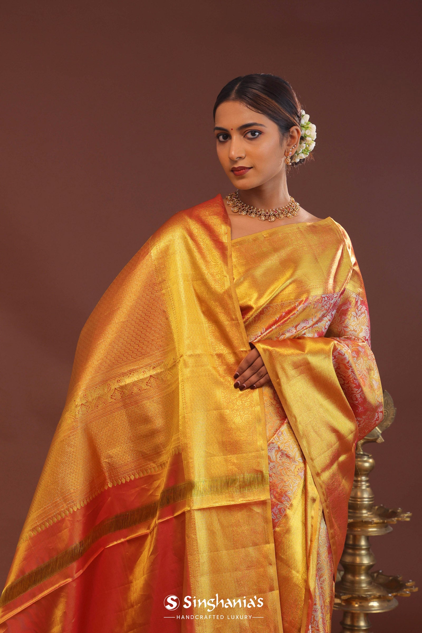 Orange Kanjivaram Saree With Contrast Yellow Border