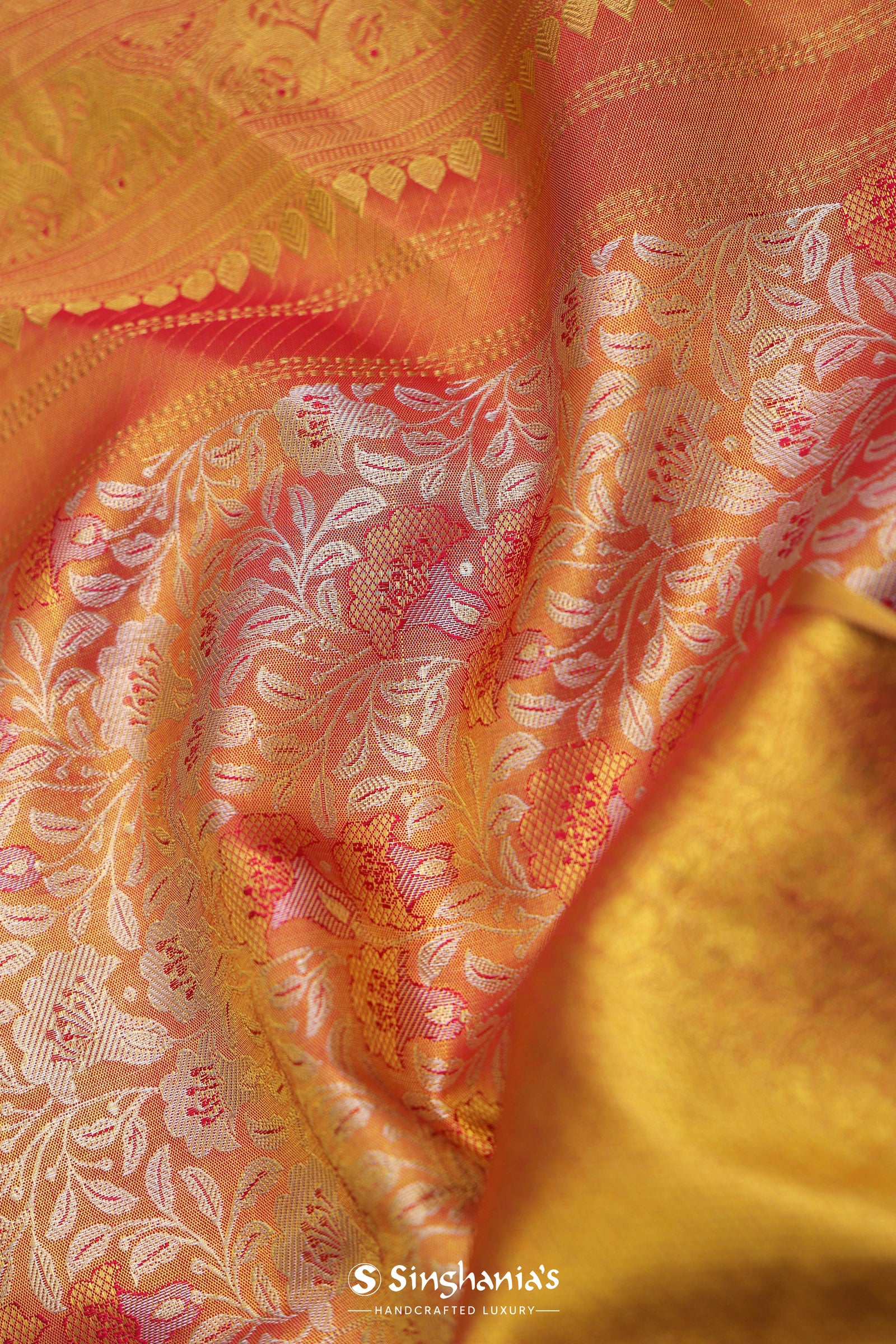 Orange Kanjivaram Saree With Contrast Yellow Border