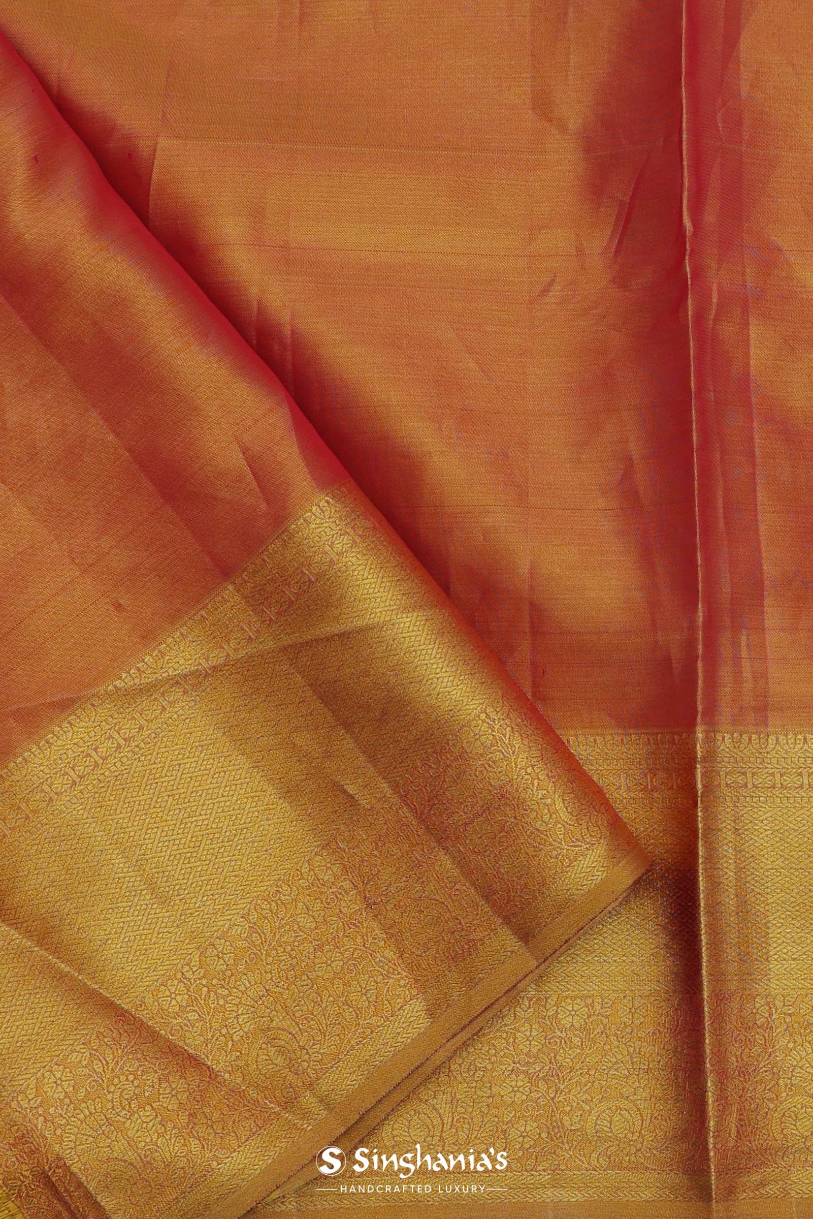 Orange Kanjivaram Saree With Contrast Yellow Border