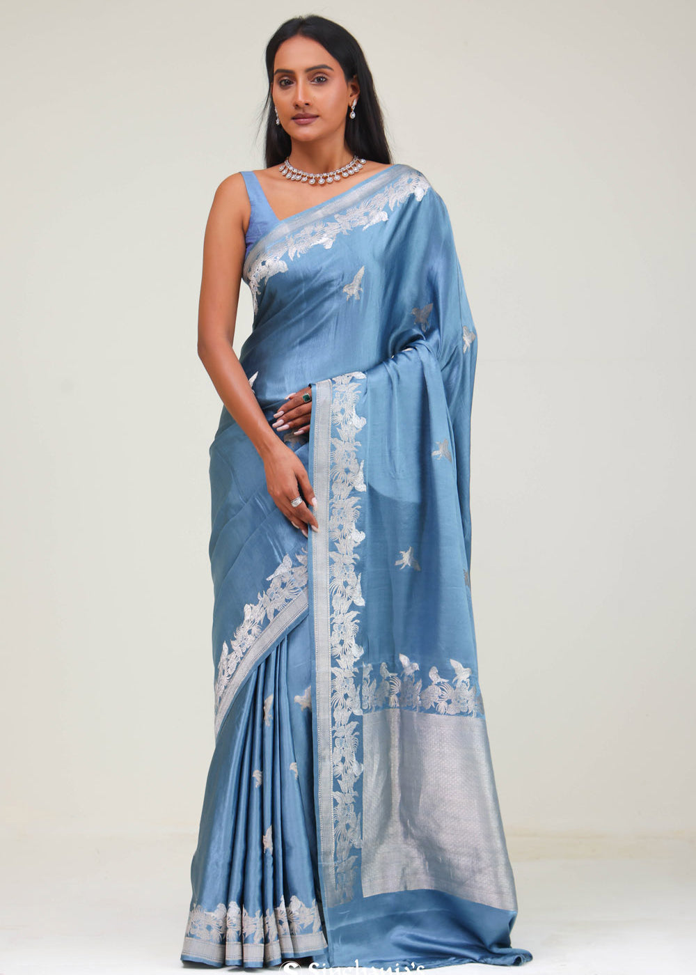Picton Blue Bird Banarasi Satin Saree