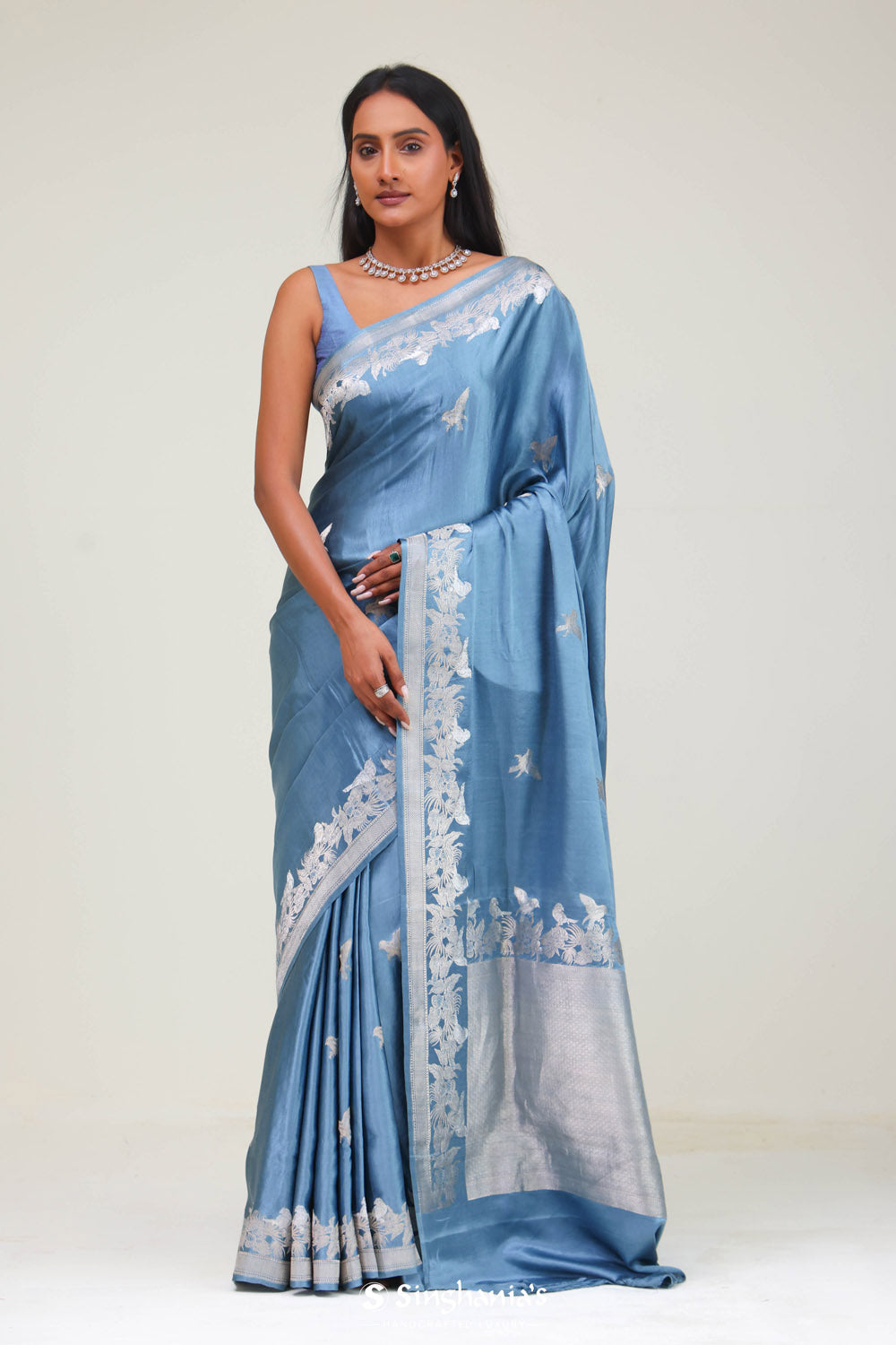 Picton Blue Bird Banarasi Satin Saree