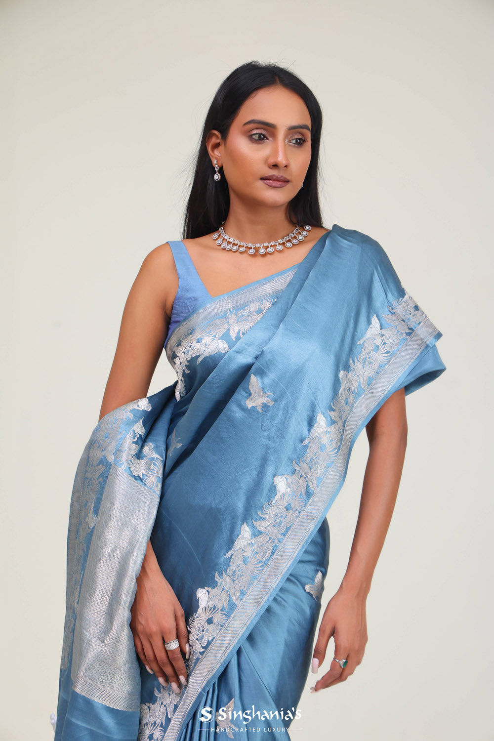 Picton Blue Bird Banarasi Satin Saree