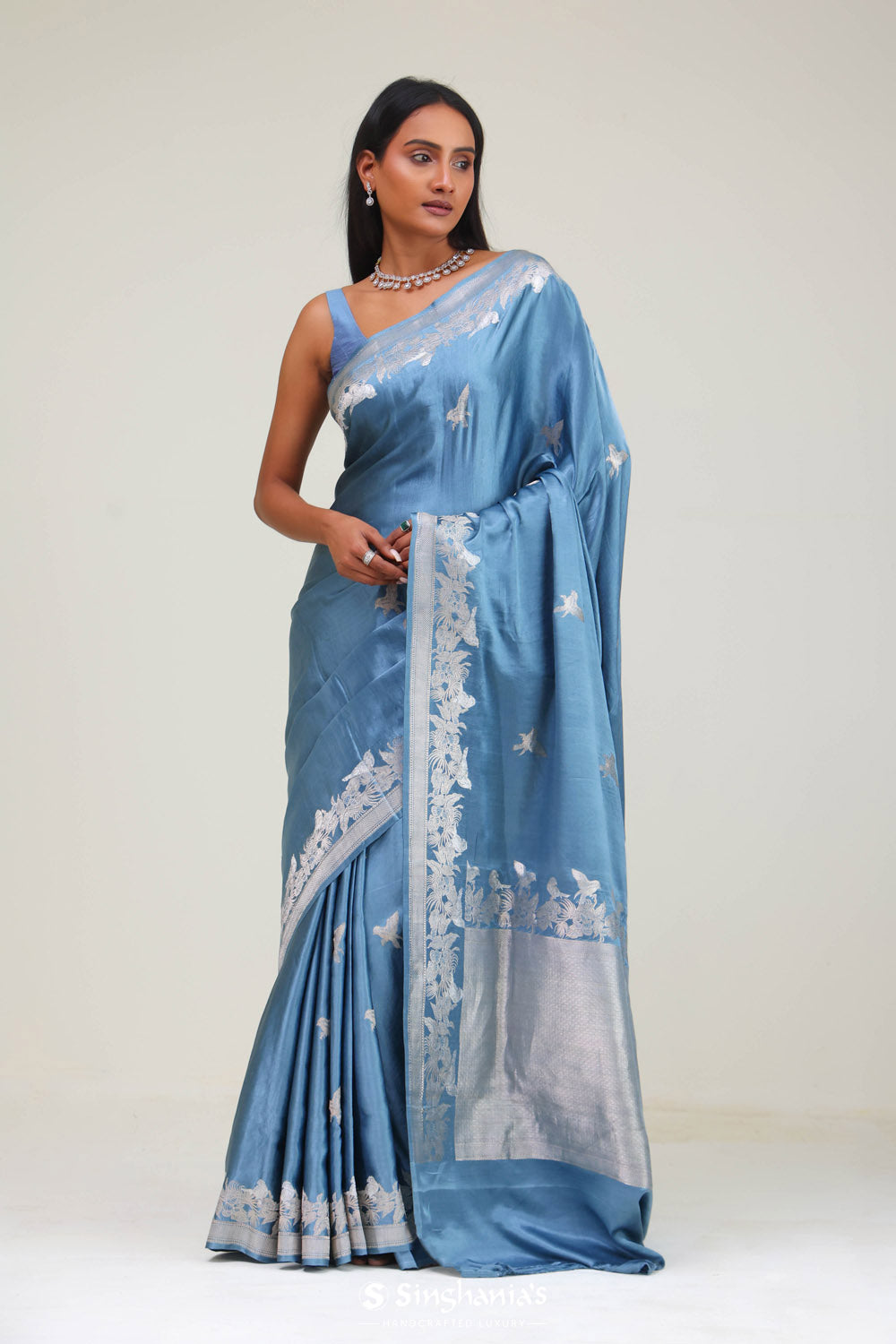 Picton Blue Bird Banarasi Satin Saree