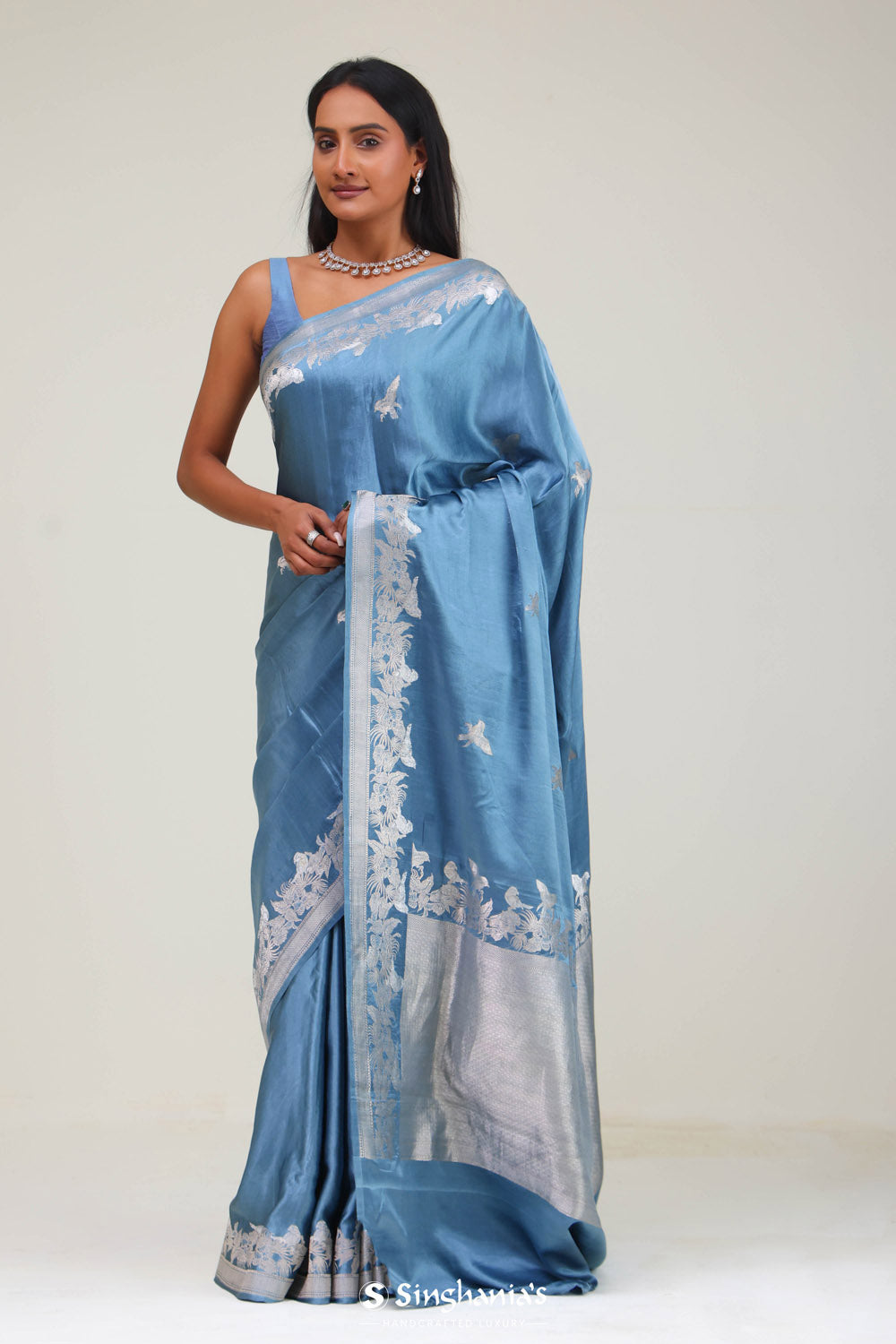 Picton Blue Bird Banarasi Satin Saree