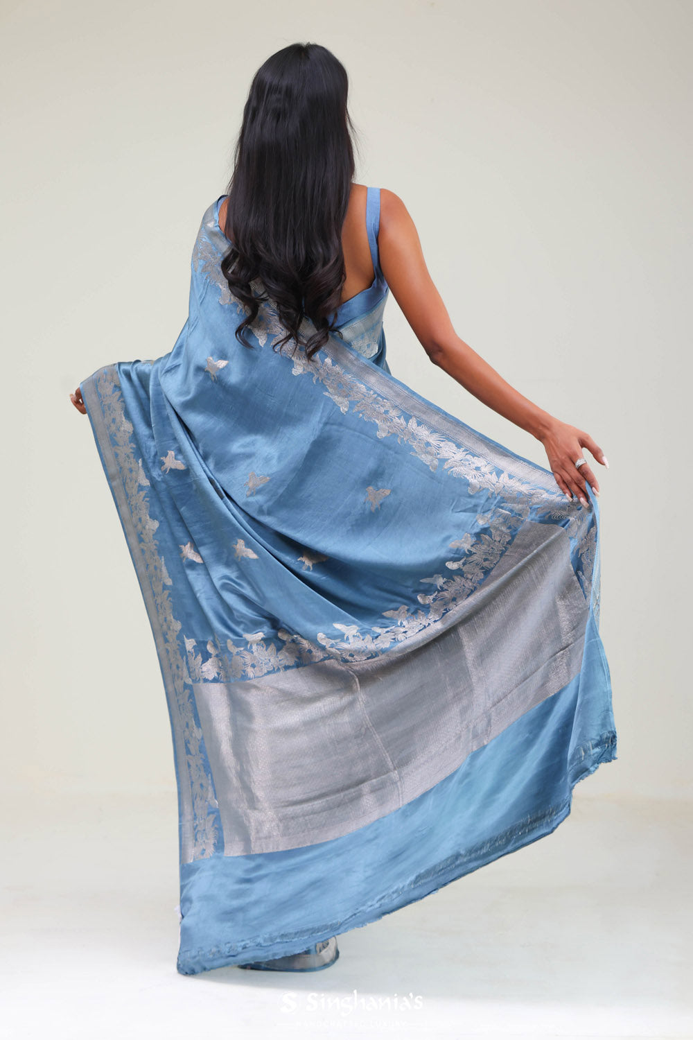 Picton Blue Bird Banarasi Satin Saree