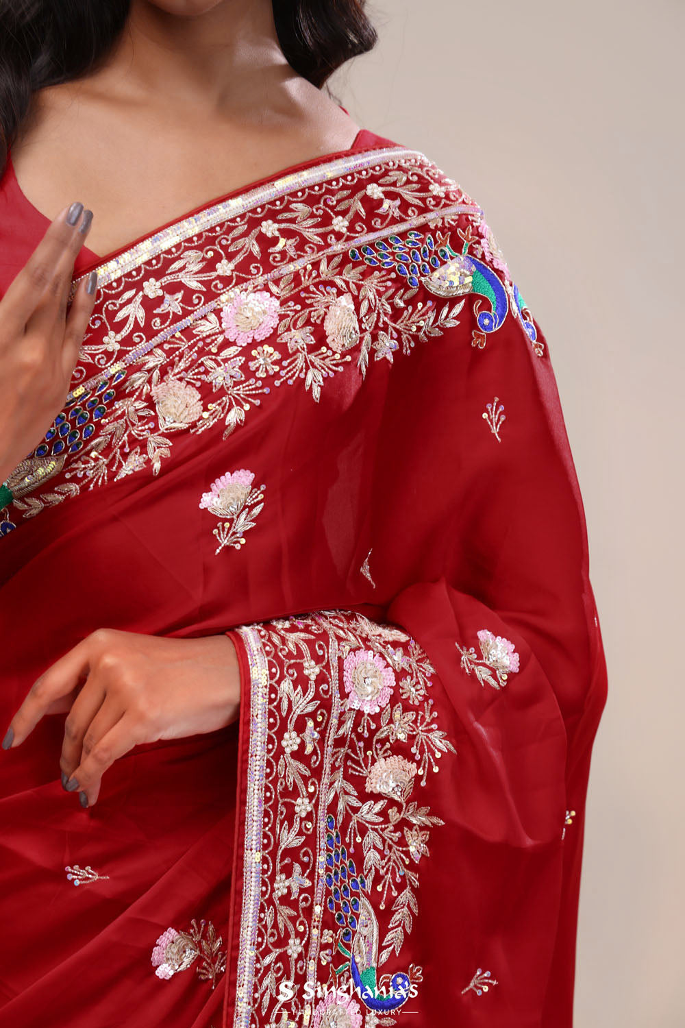 Angels Red Silk Handcrafted Saree