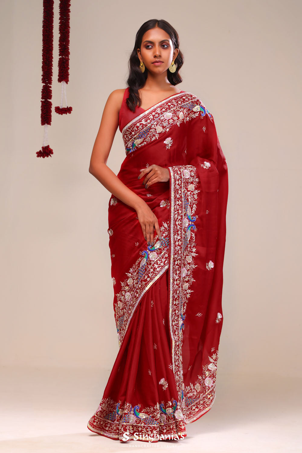 Angels Red Silk Handcrafted Saree