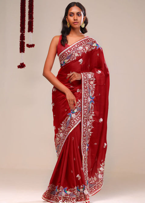 <img> Angels Red Silk Handcrafted Saree
