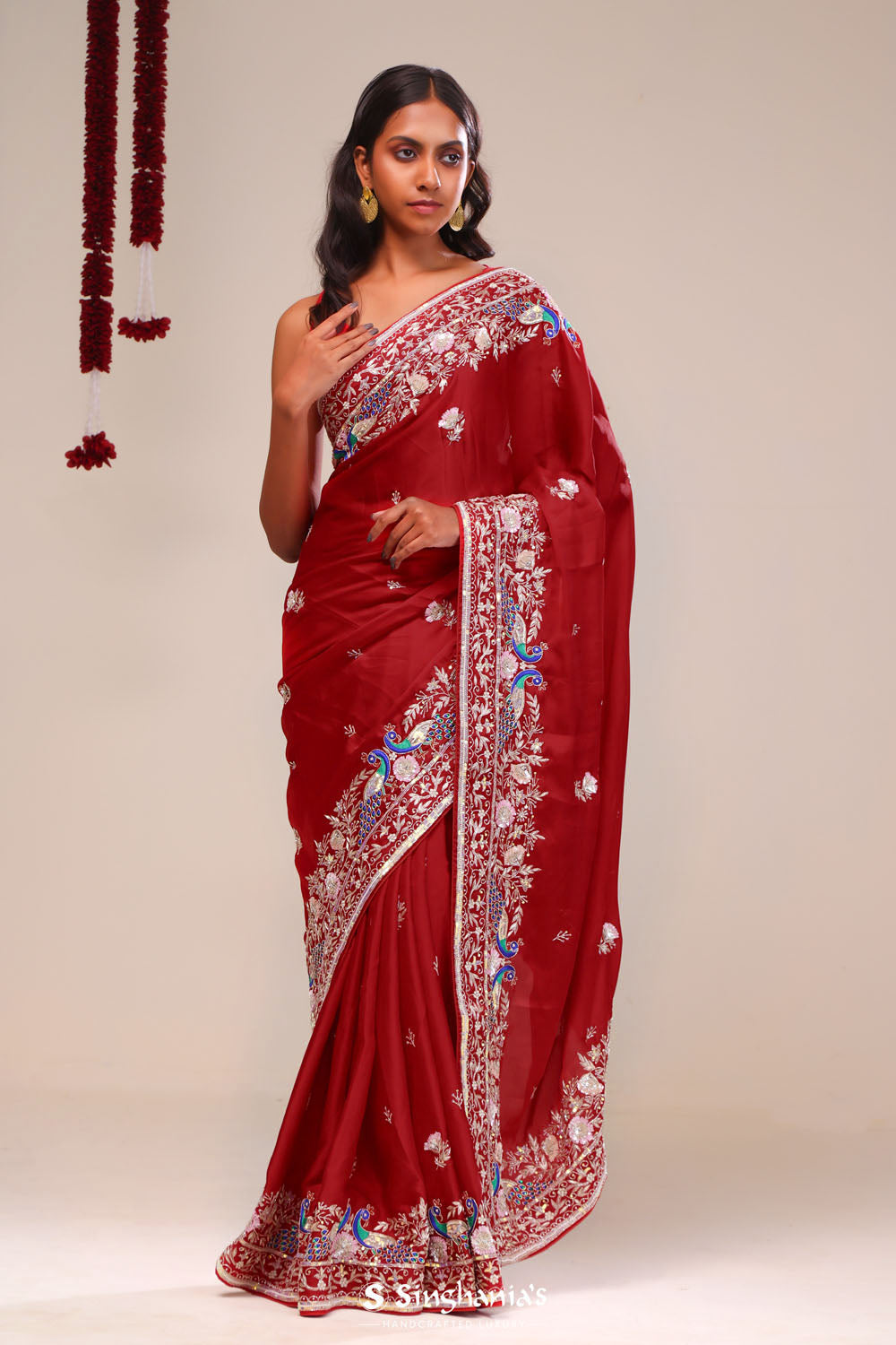 Angels Red Silk Handcrafted Saree