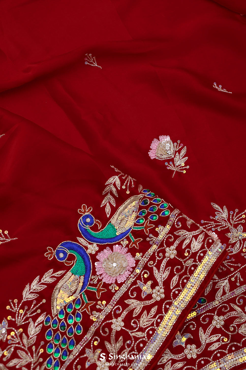 Angels Red Silk Handcrafted Saree