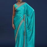 Teal Blue Satin Silk Saree With Cutdana Work