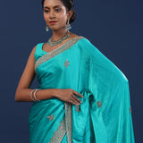 Teal Blue Satin Silk Saree With Cutdana Work