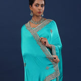 Teal Blue Satin Silk Saree With Cutdana Work
