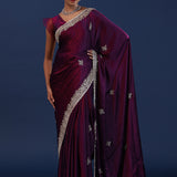 Dark Plum Purple Satin Silk Saree With Cutdana Work