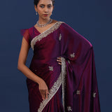 Dark Plum Purple Satin Silk Saree With Cutdana Work